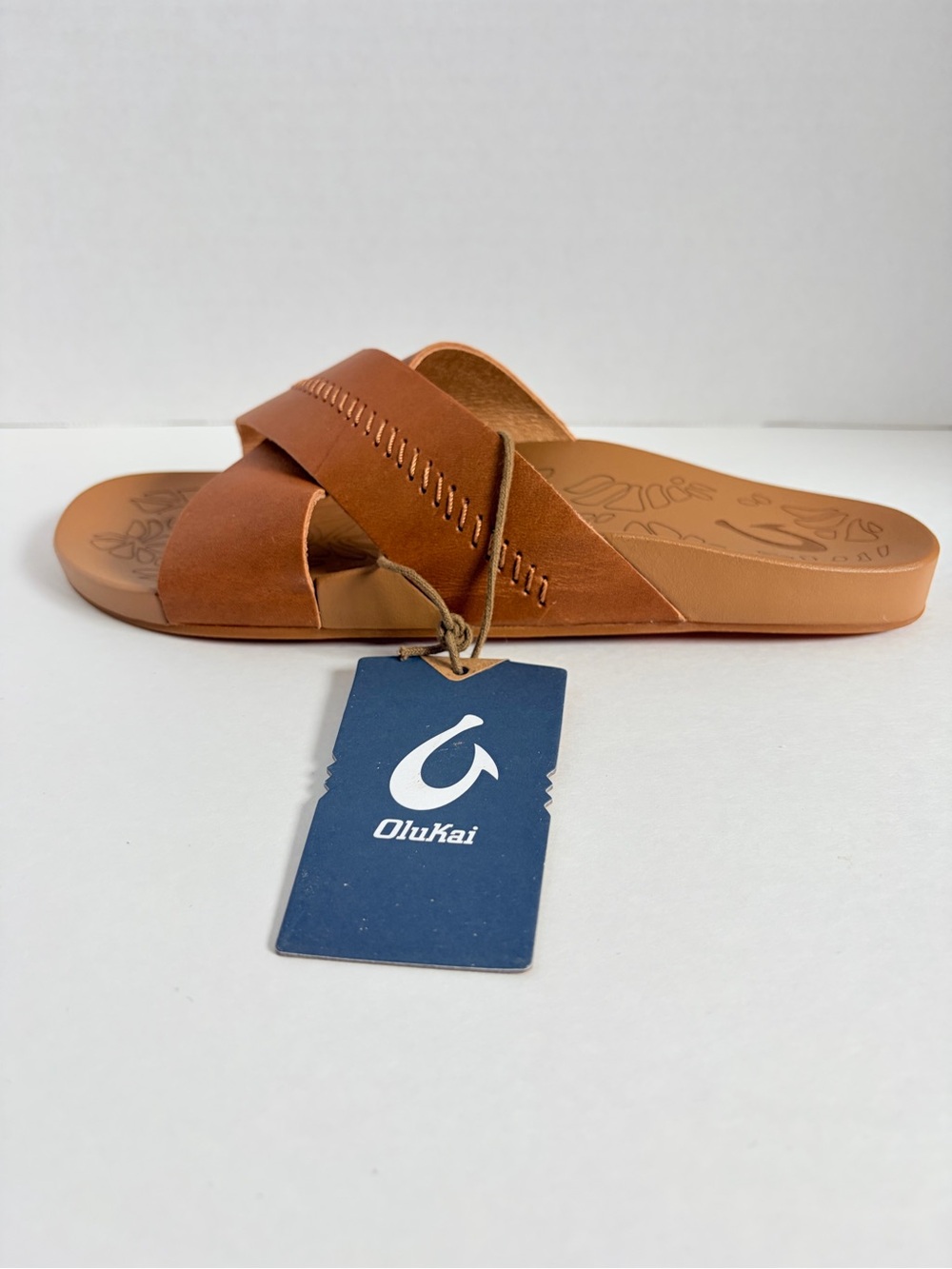 OluKai Kipea Olu Slide Sandals Cross Strap Shoes Cushioned Leather Brown Size 9 - Picture 4 of 15